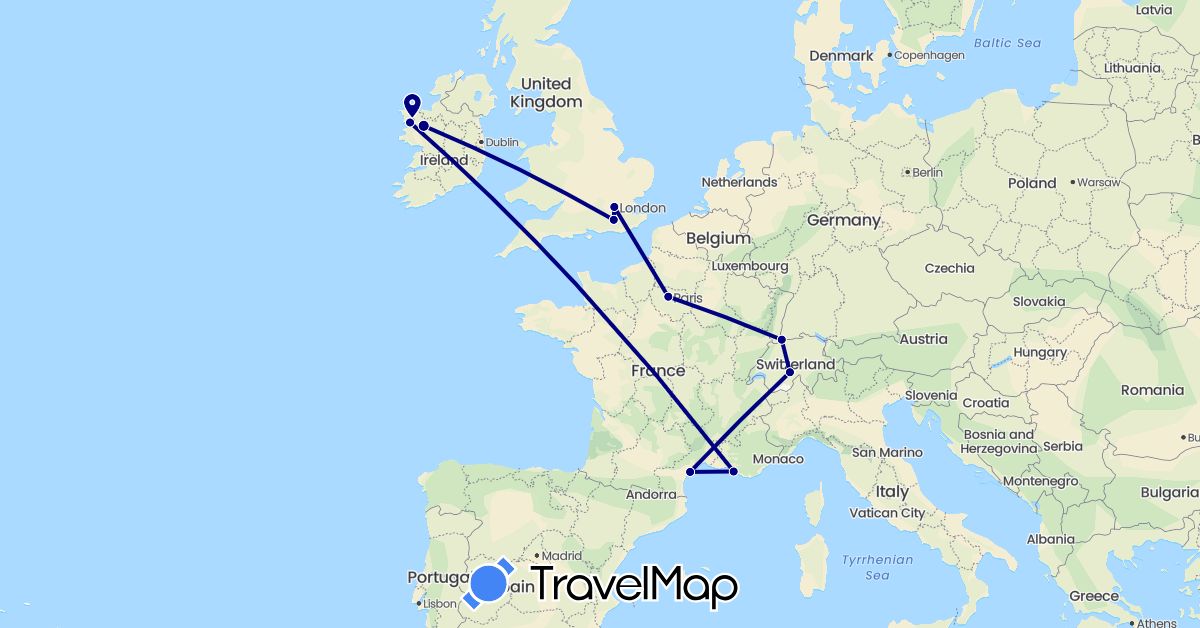TravelMap itinerary: driving in Switzerland, France, United Kingdom, Ireland (Europe)